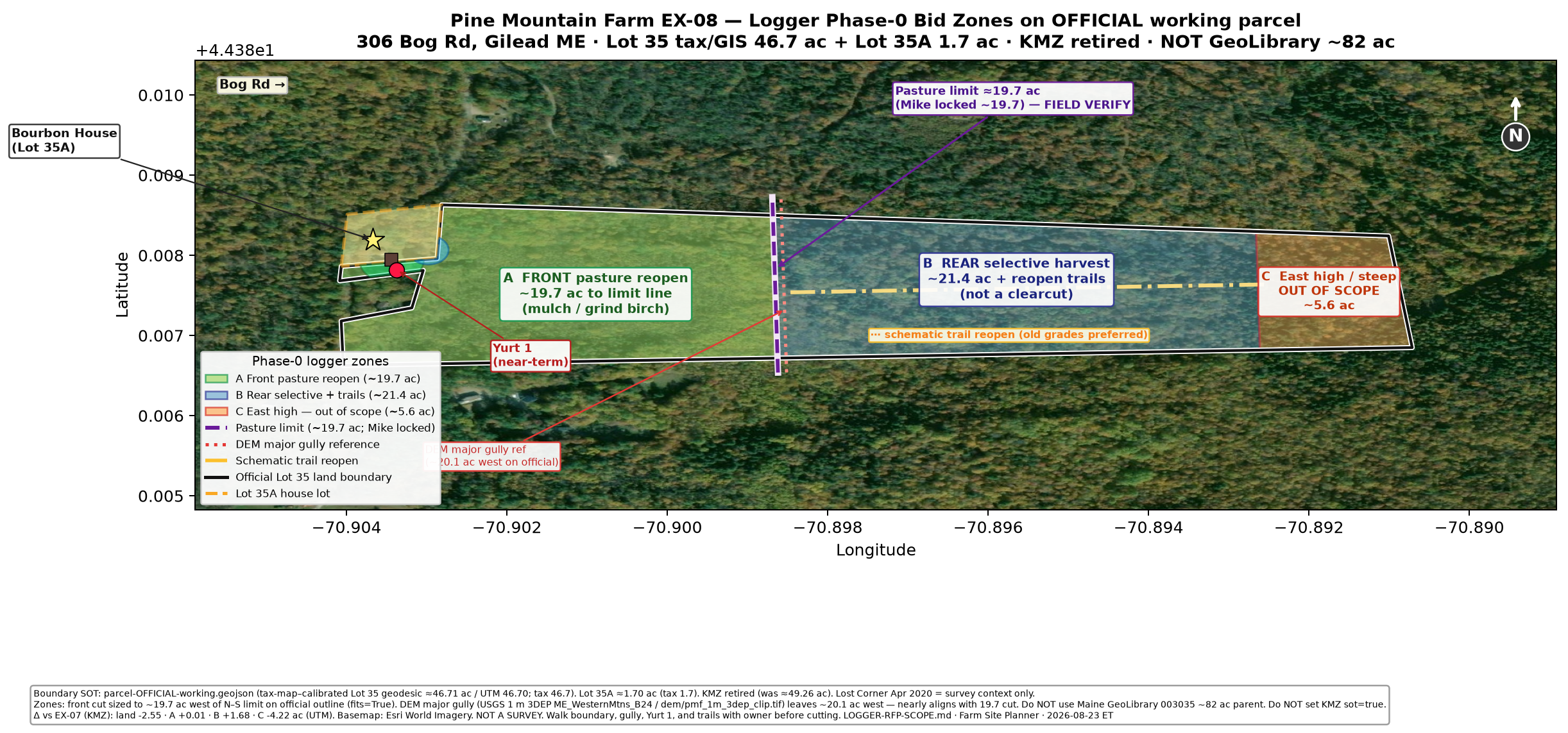 EX-08 logger zones on official tax-calibrated Lot 35 outline — Zones A, B, and C